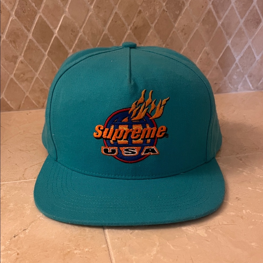 Supreme Teal USA Flame Logo Snapback Hat